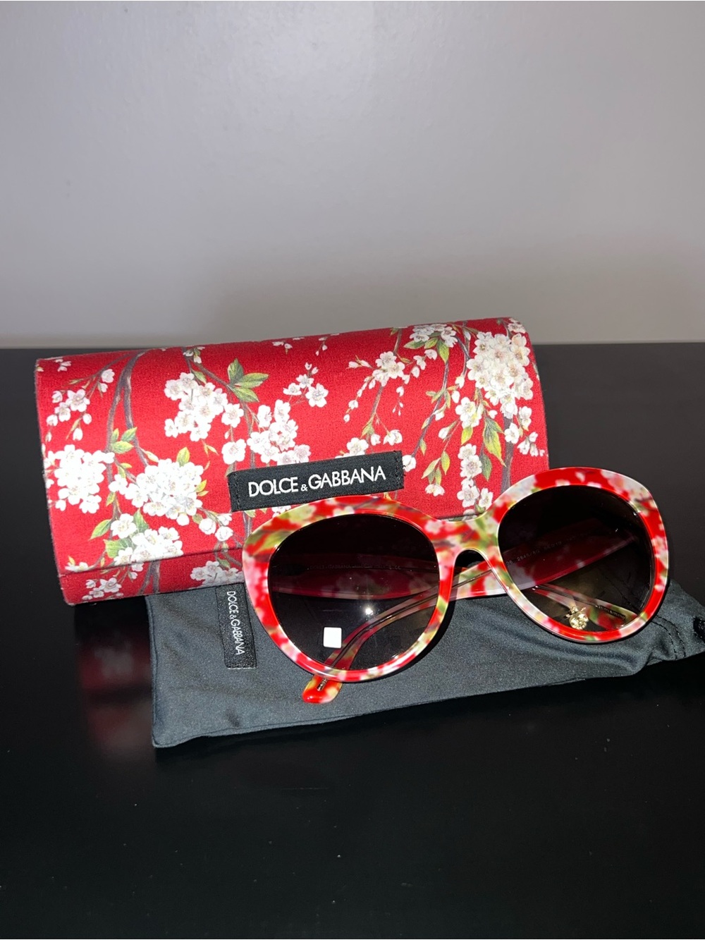 Dolce & Gabbana Red Floral Round Sunglasses with Floral Case